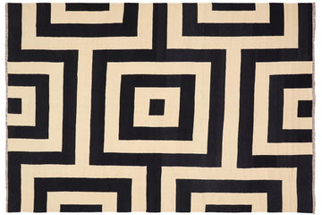 Flat Weave Kilim, Antique, Navaho, Vintage, Handmade, Modern Kilim Beige Black Hand-Woven Rectangle 100% Wool Area Rug 8 x 10